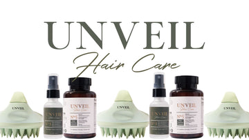 Unveil hair care products including bottles and scalp massagers on a white background.