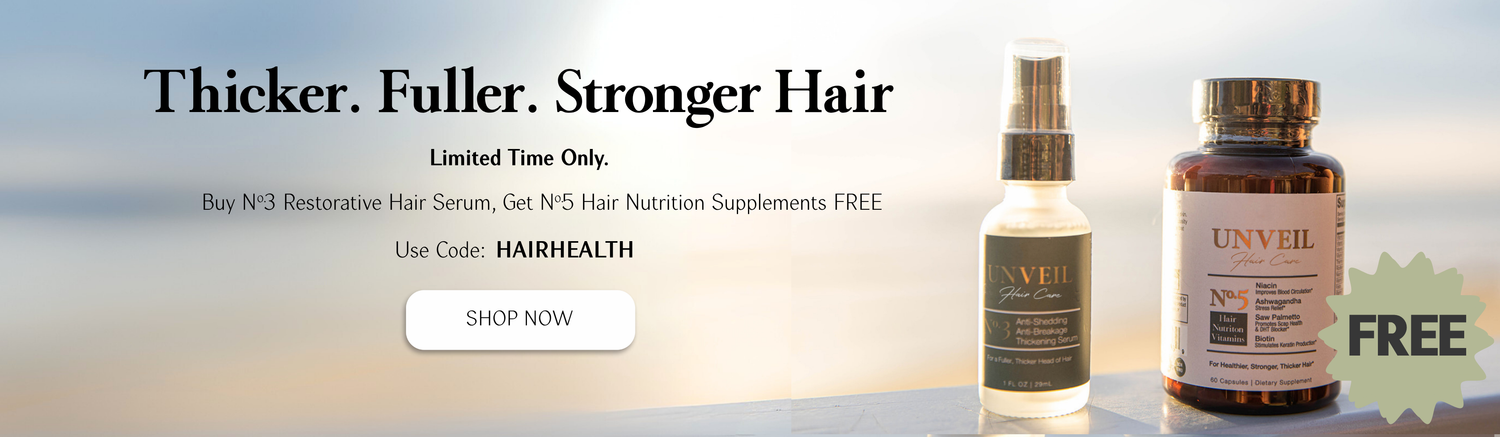 Hair thickening serum and hair supplement bottle